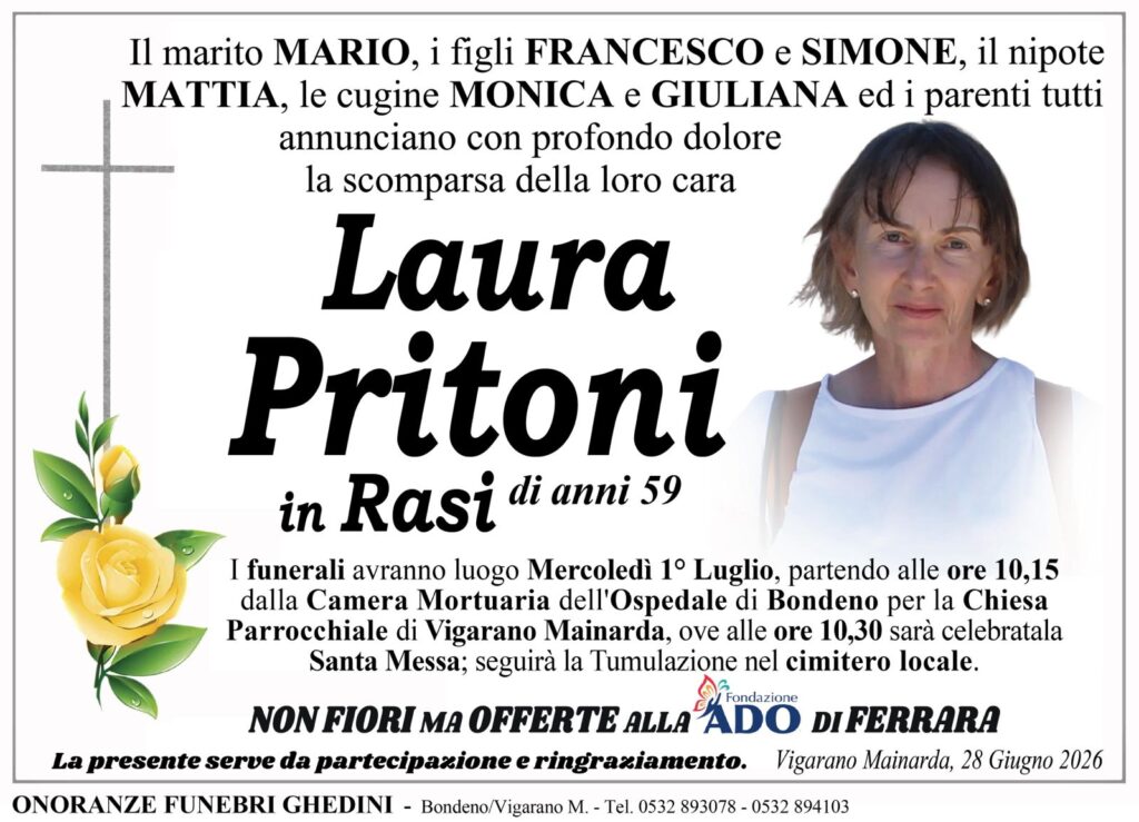 Laura Pritoni in Rasi necrologio